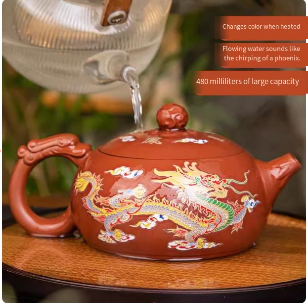 Original mineral vermilion mud Xi Shi purple clay pot famous handmade clay painting dragon and phoenix color-changing kung fu tea set