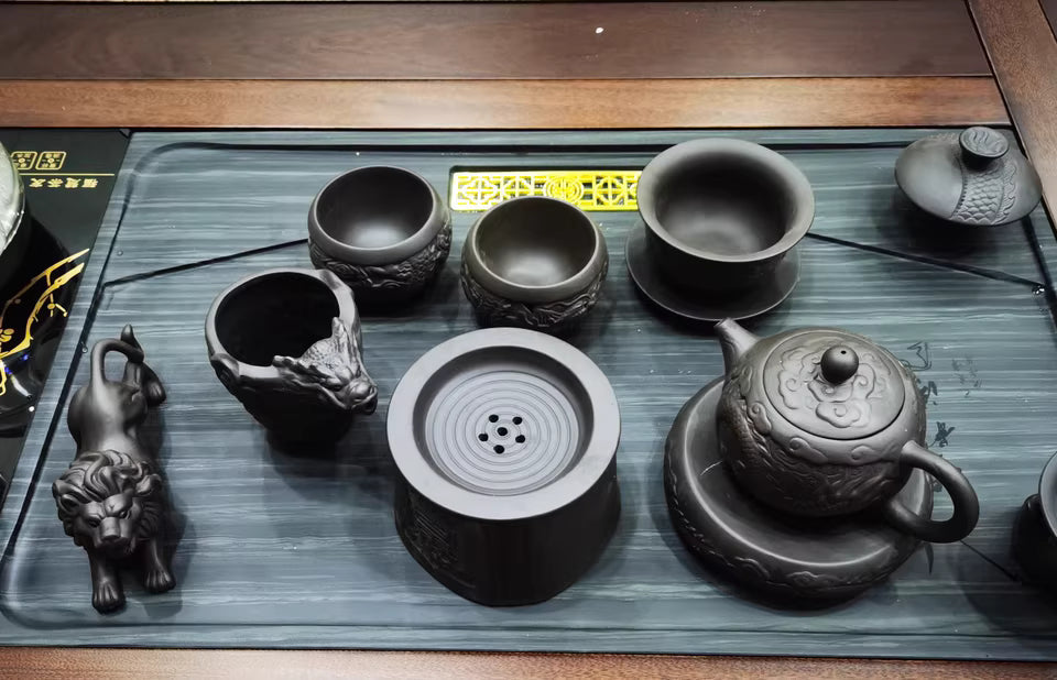 Purple clay pot kung fu tea set Chinese ceramic teapot teacup embossed dragon pattern complete set