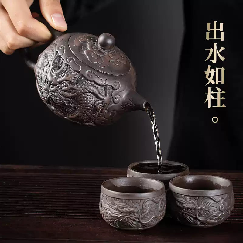Purple clay pot kung fu tea set Chinese ceramic teapot teacup embossed dragon pattern complete set