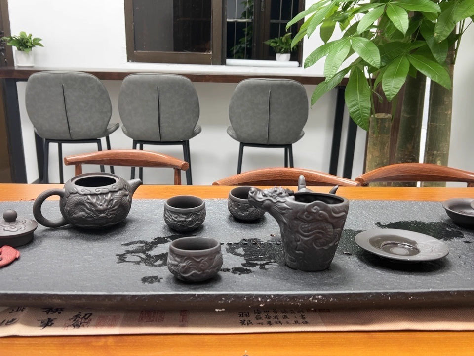Purple clay pot kung fu tea set Chinese ceramic teapot teacup embossed dragon pattern complete set