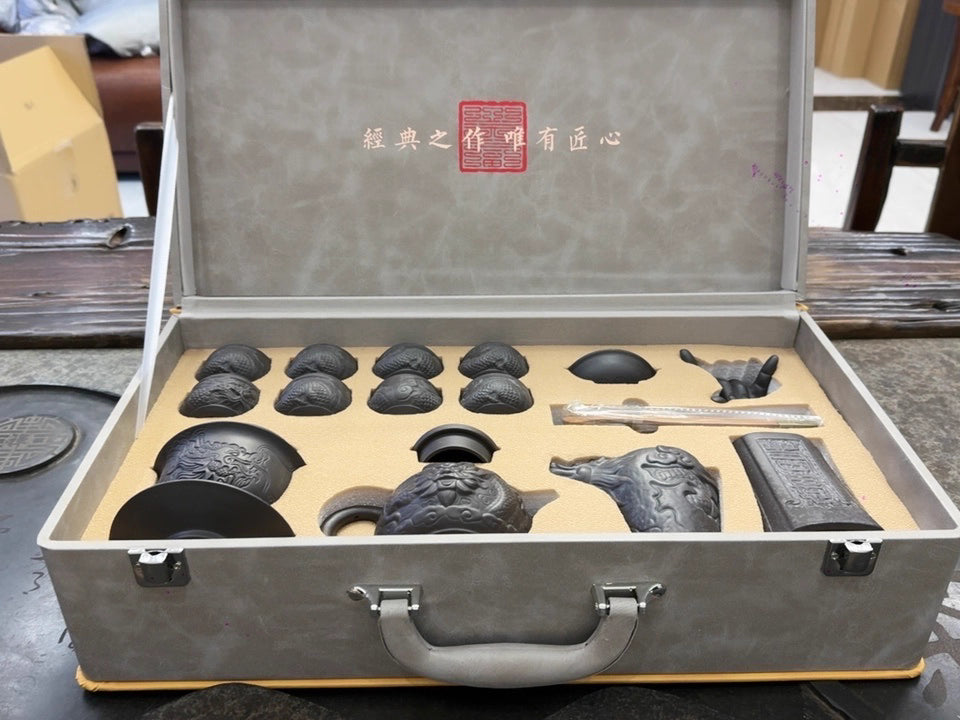 Purple clay pot kung fu tea set Chinese ceramic teapot teacup embossed dragon pattern complete set