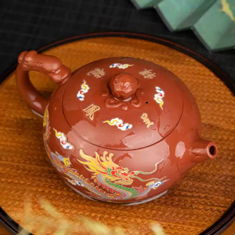 Original mineral vermilion mud Xi Shi purple clay pot famous handmade clay painting dragon and phoenix color-changing kung fu tea set