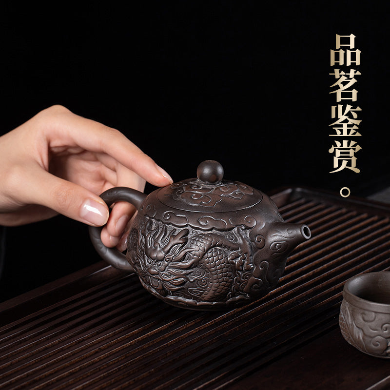 Purple clay pot kung fu tea set Chinese ceramic teapot teacup embossed dragon pattern complete set