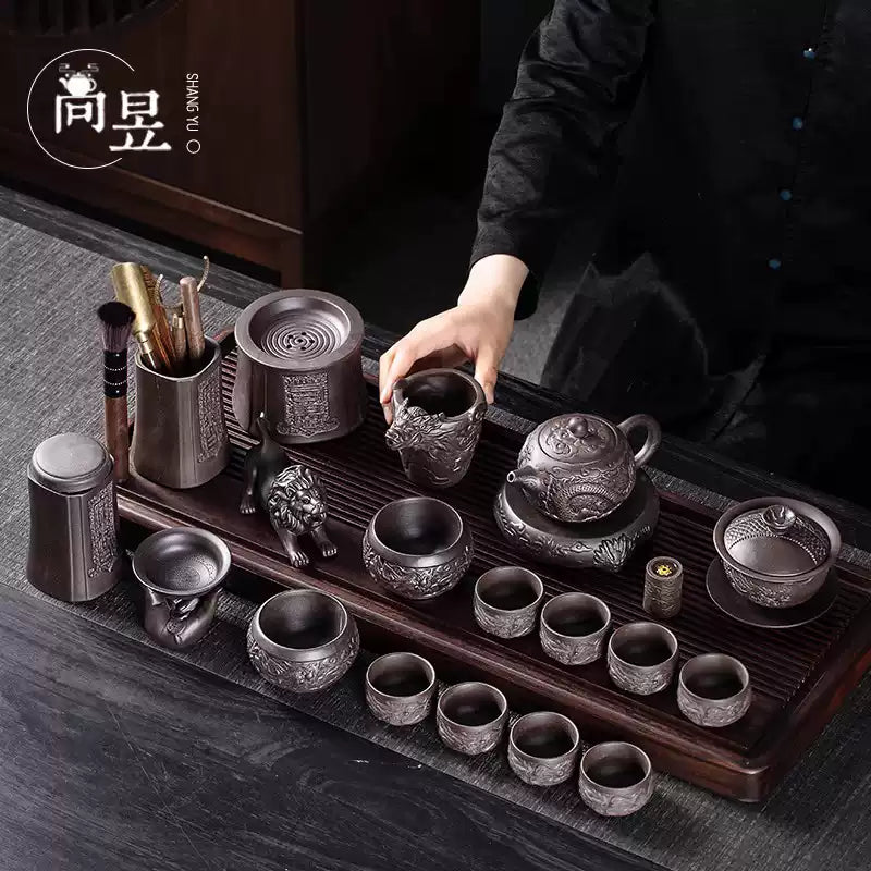 Purple clay pot kung fu tea set Chinese ceramic teapot teacup embossed dragon pattern complete set